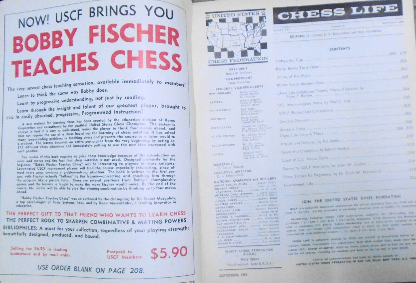Chess Life, September 1966 -  Piatigorsky Cup: Spassky & Fischer;