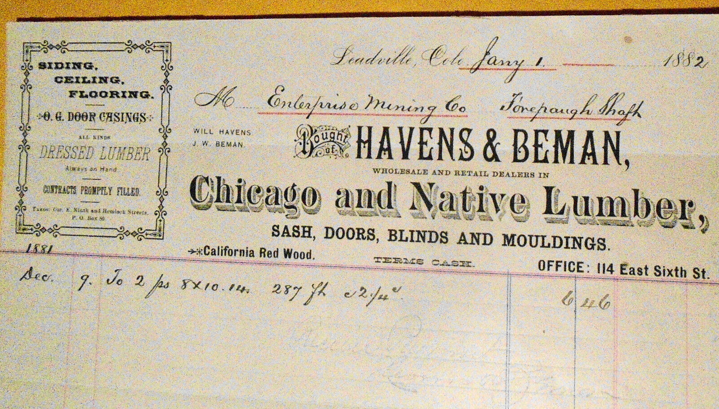 1882 Havens & Beman - Chicago and Native Lumber receipt - Leadville Colorado