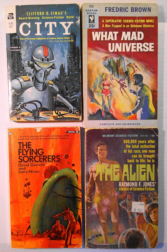 4 science fiction paperbacks: City, Alien, What Mad Universe, Flying Sorcerers