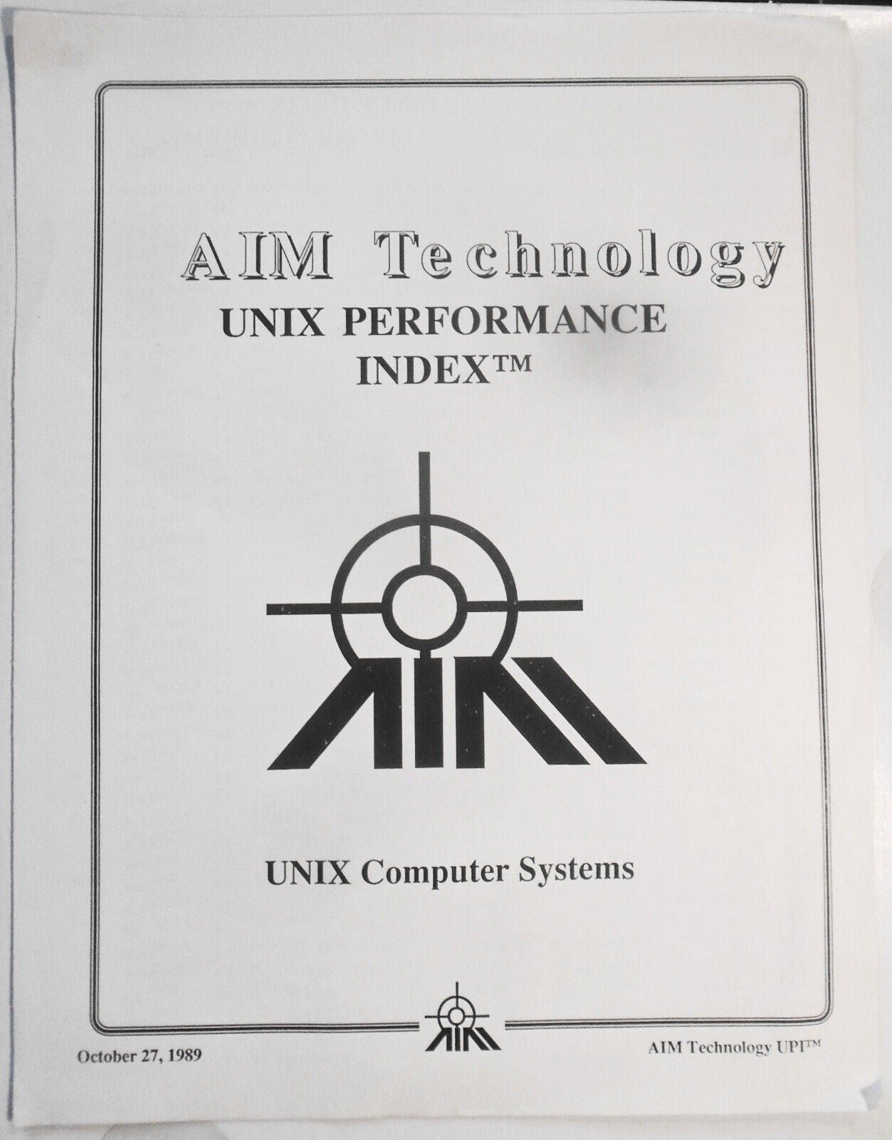 UNIX Performance Index, by AIM Technology.  October 27, 1989