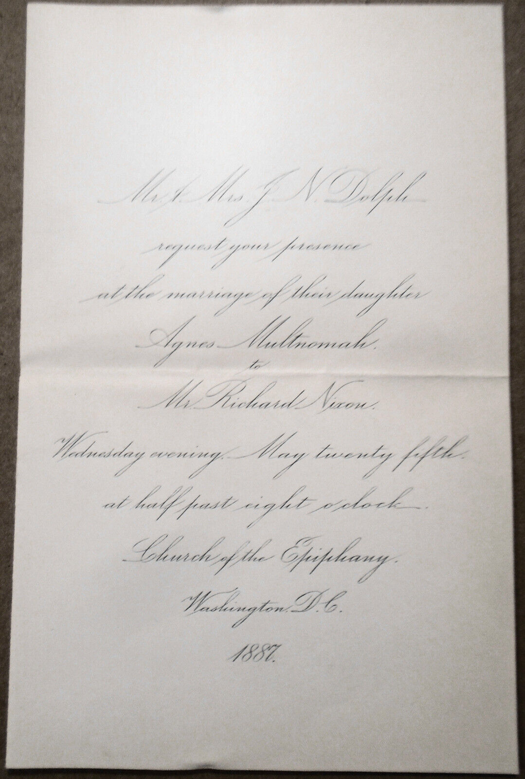 1887 Marriage: wedding and reception invitations: Richard Nixon and Agnes Dolph