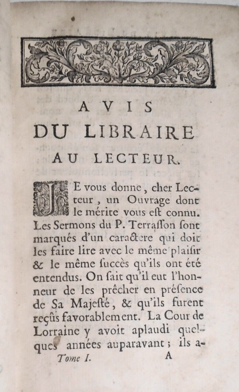 1736 Sermons du feu Pere Terrasson. Tome Premier