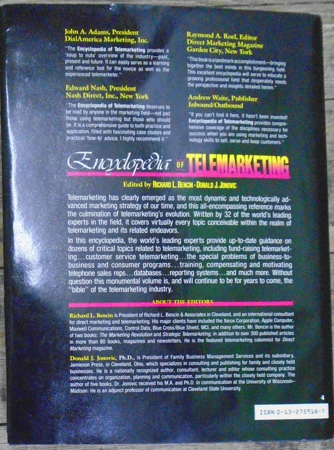 Encyclopedia of Telemarketing by Bencin & Jonovic. Hardcover 1st ed 1989 Fine/NF