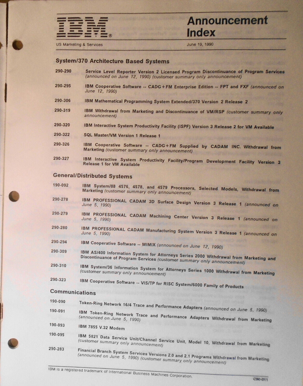 IBM Announcement Letter Summary, June 19, 1990 : System/370; AIX; Token-ring etc