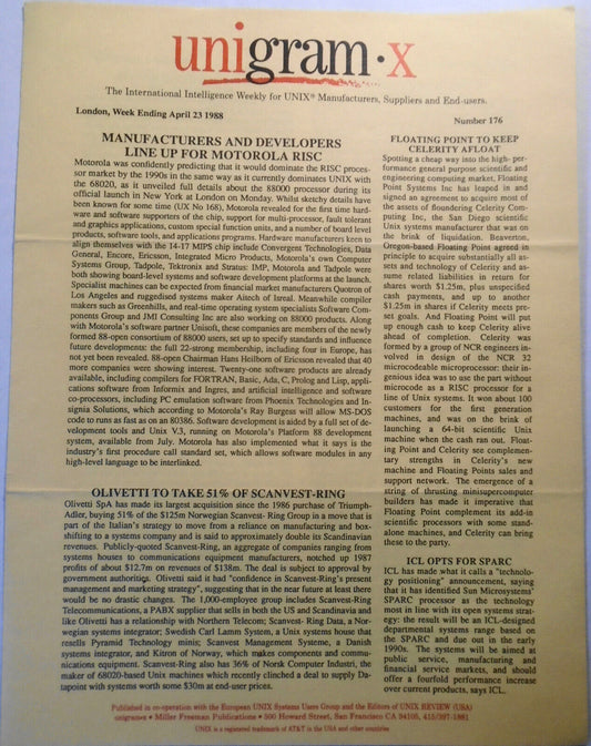 Unigram-X, #176 - April 23, 1988 - London weekly for UNIX manufacturers, et al