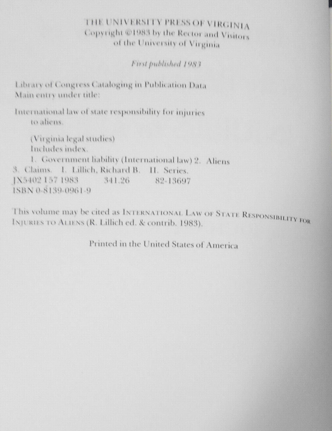 International Law of State Responsibility for Injuries to Aliens by Lillich 1983