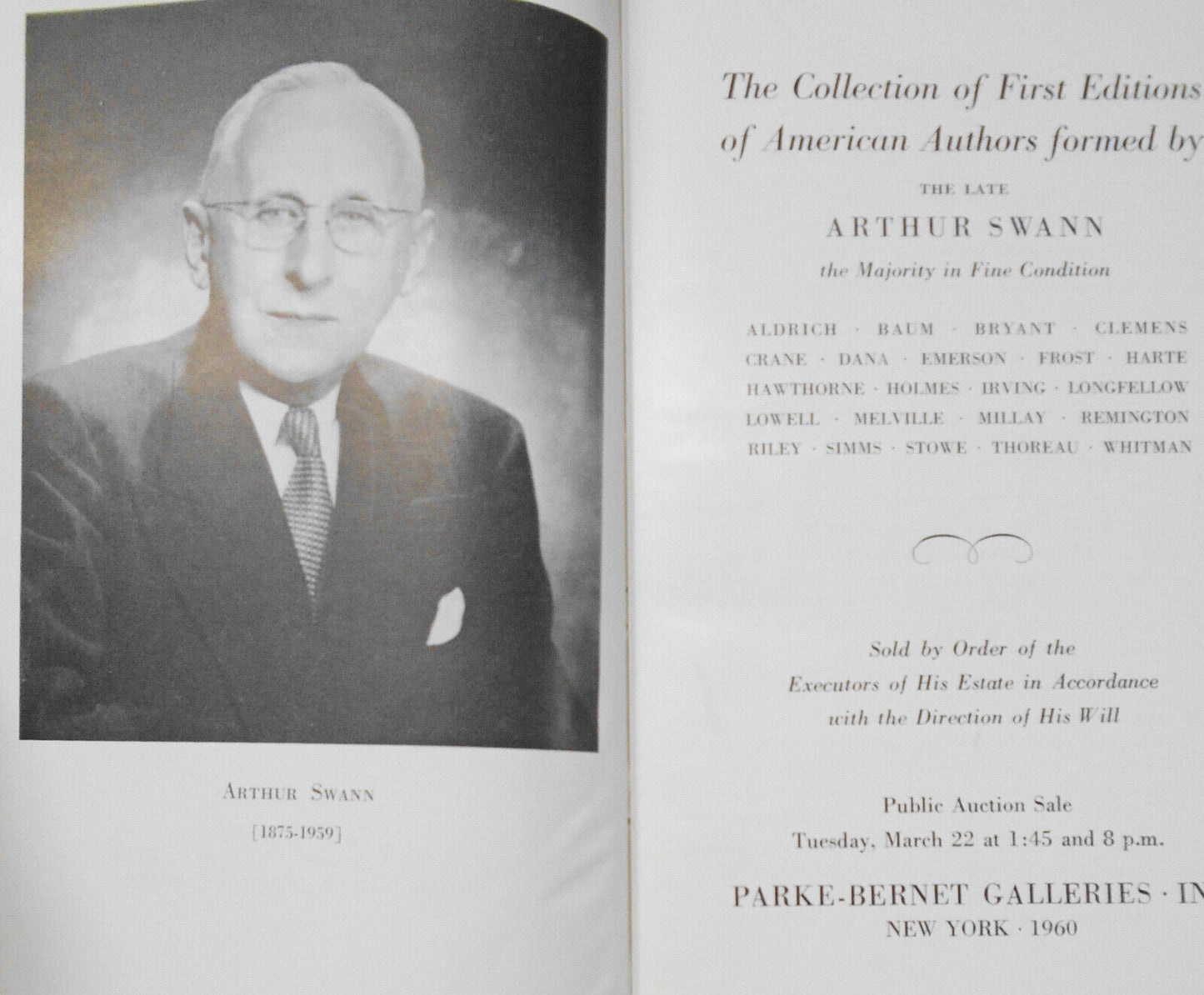 First Editions Of American Authors collected by Arthur Swann. Parke-Bernet, 1960