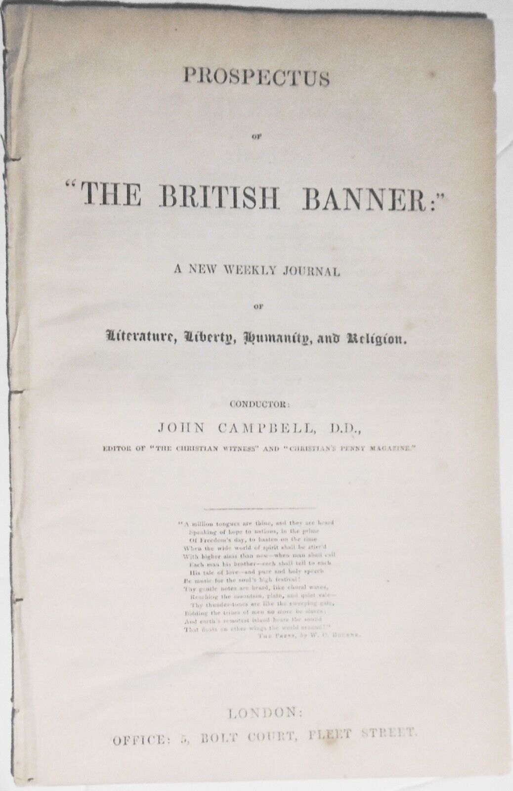 [Nonconformism] 1847 Prospectus of "The British Banner" : a new weekly journal