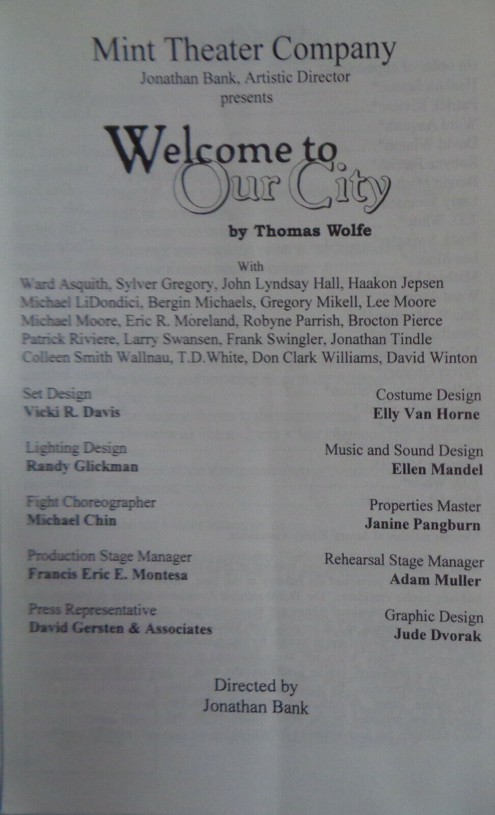 Welcome To Our City, by Thomas Wolfe - Souvenir Program - Mint Theater Co, 2000.