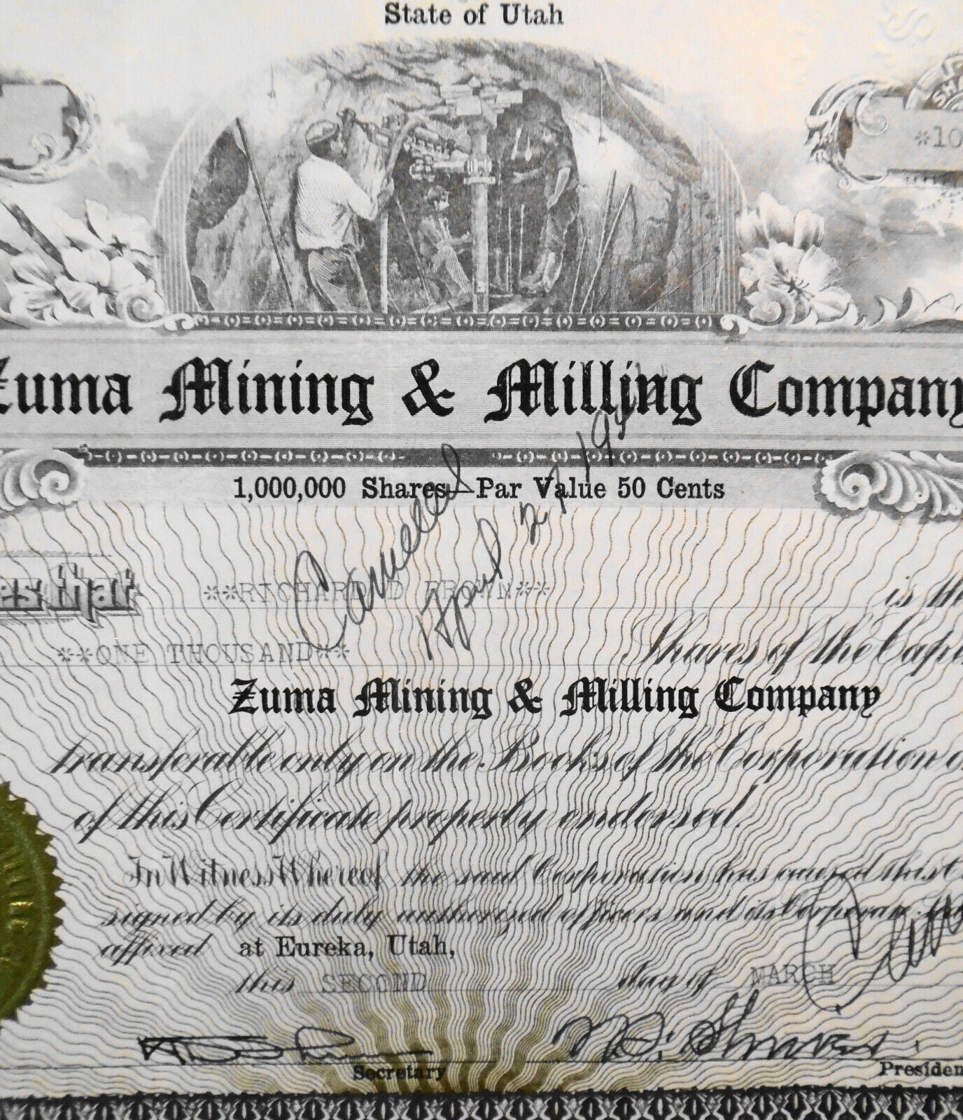 Zuma Mining & Milling Company - Stock Certificate, March 2, 1946