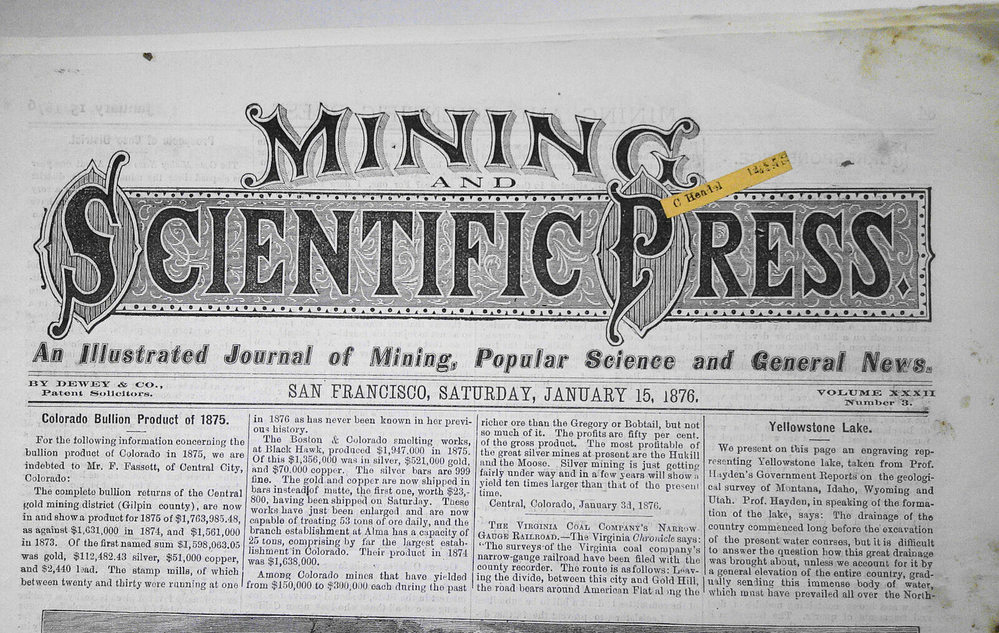 Mining and Scientific Press January 15, 1876. Yellowstone Lake; Colorado Bullion