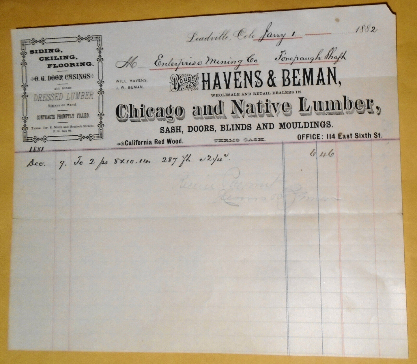 1882 Havens & Beman - Chicago and Native Lumber receipt - Leadville Colorado