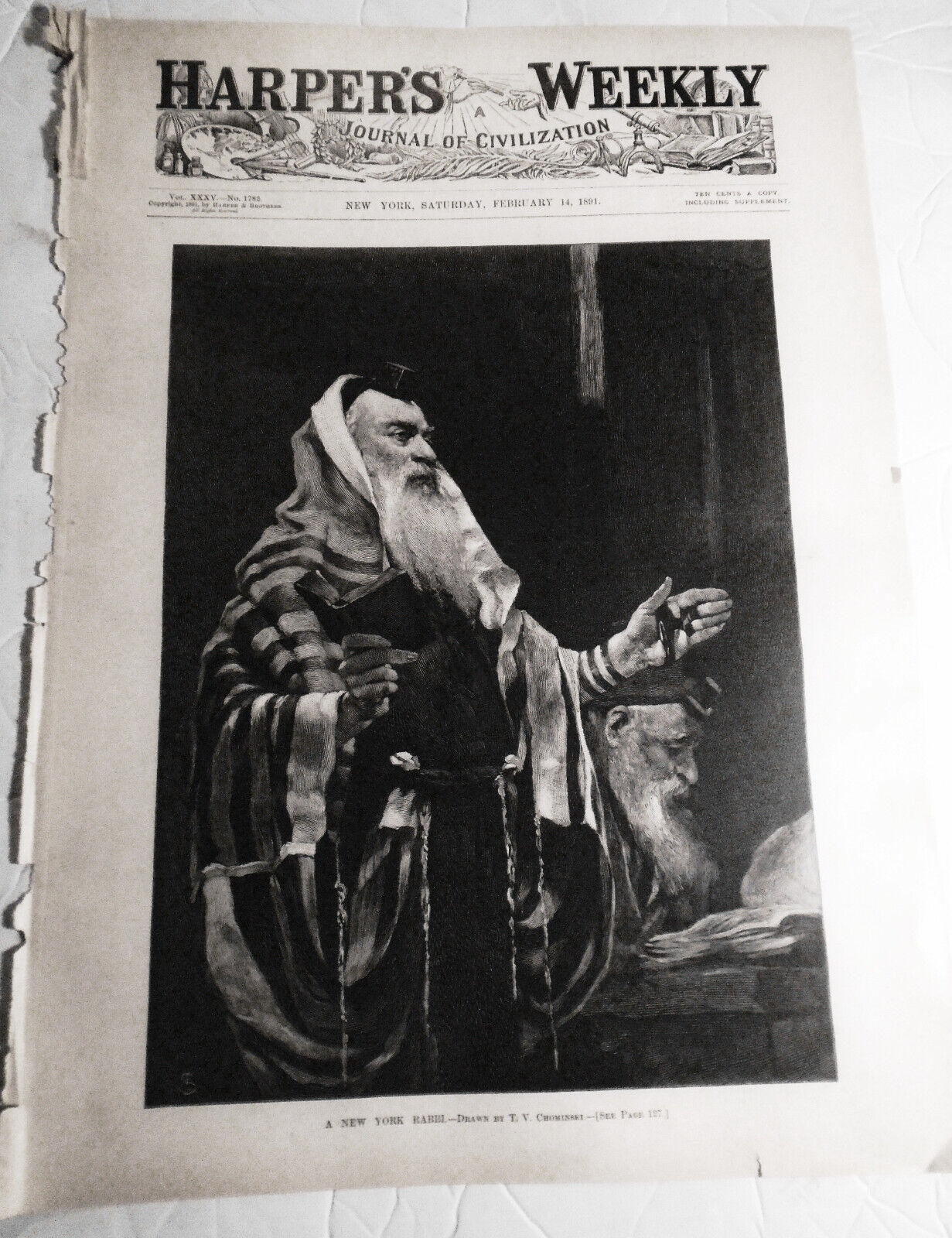 A New York Rabbi, by T. V. Chominski. 1891 Harper's Weekly ORIGINAL