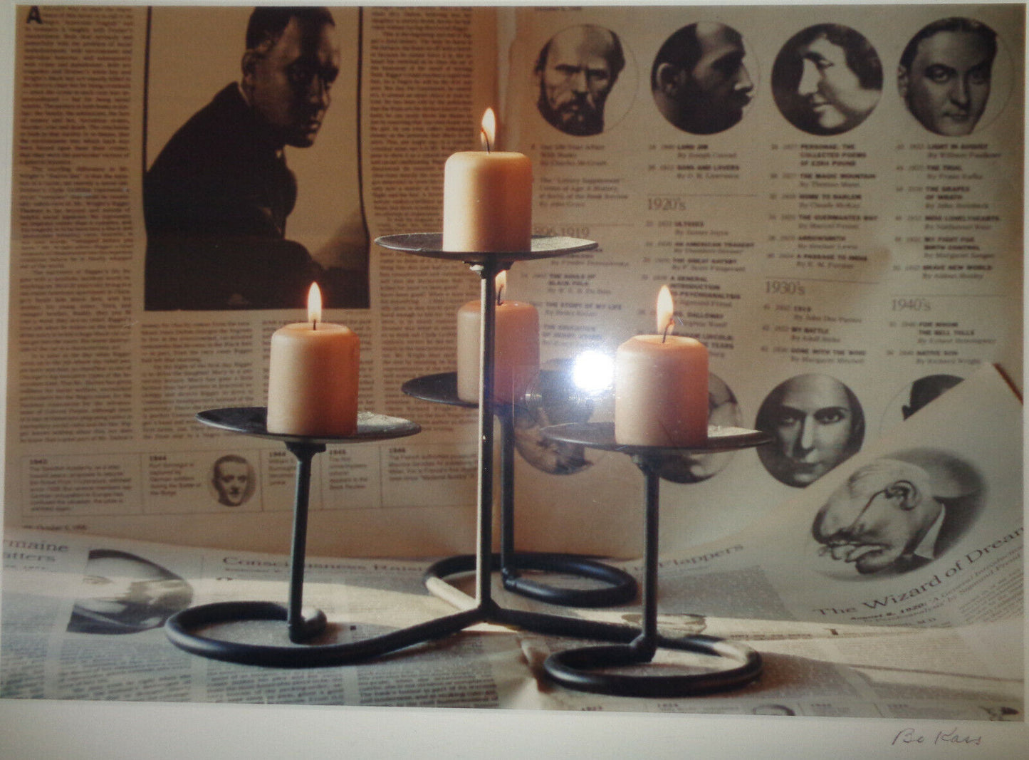 Bo Kass : Candles with 1940s literary news backdrop -- Signed Original C-Print