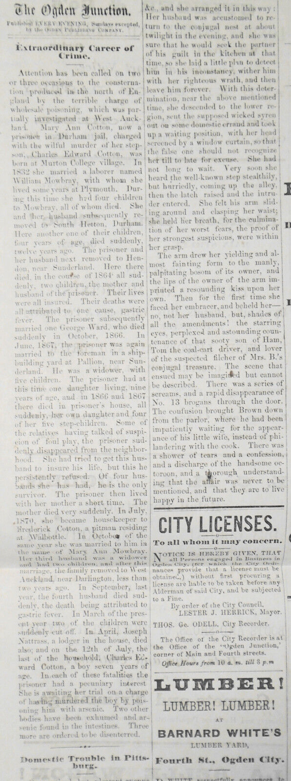 The Ogden Junction, November 15, 1872 -  Utah - Extraordinary female crime life