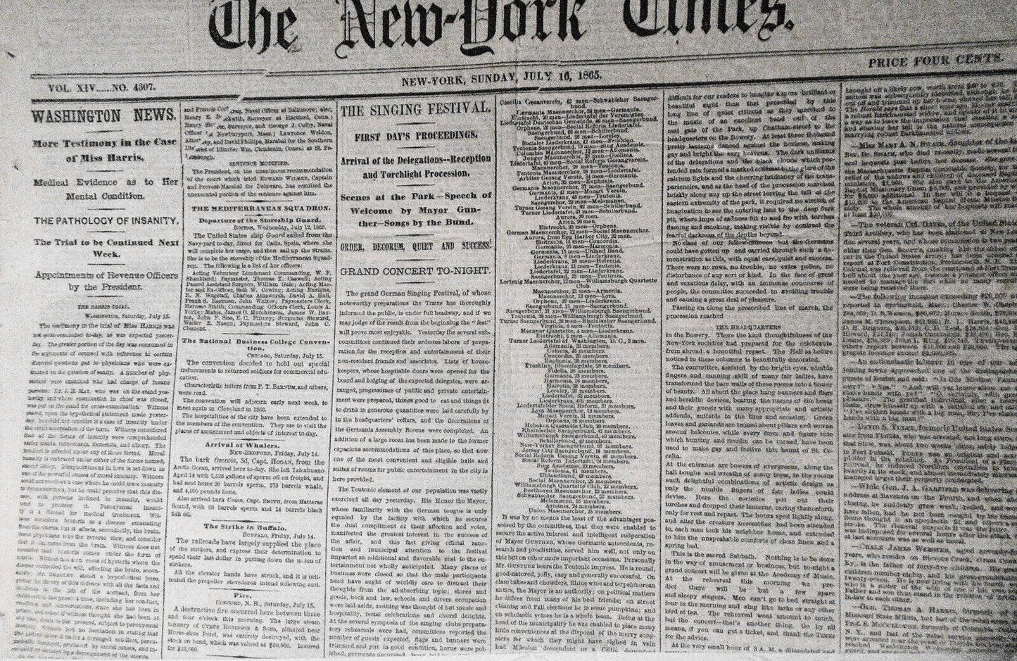 The New York Times, Sunday July 16, 1865. Civil War; Miss Harris Insanity Trial