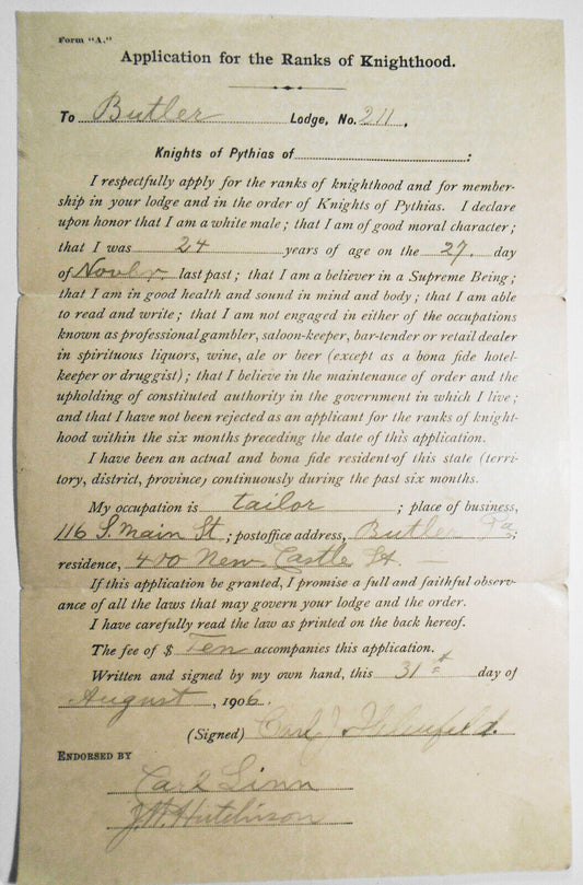 1906 Application for Rank of Knighthood -- Butler Lodge, Knights of Pythias, PA