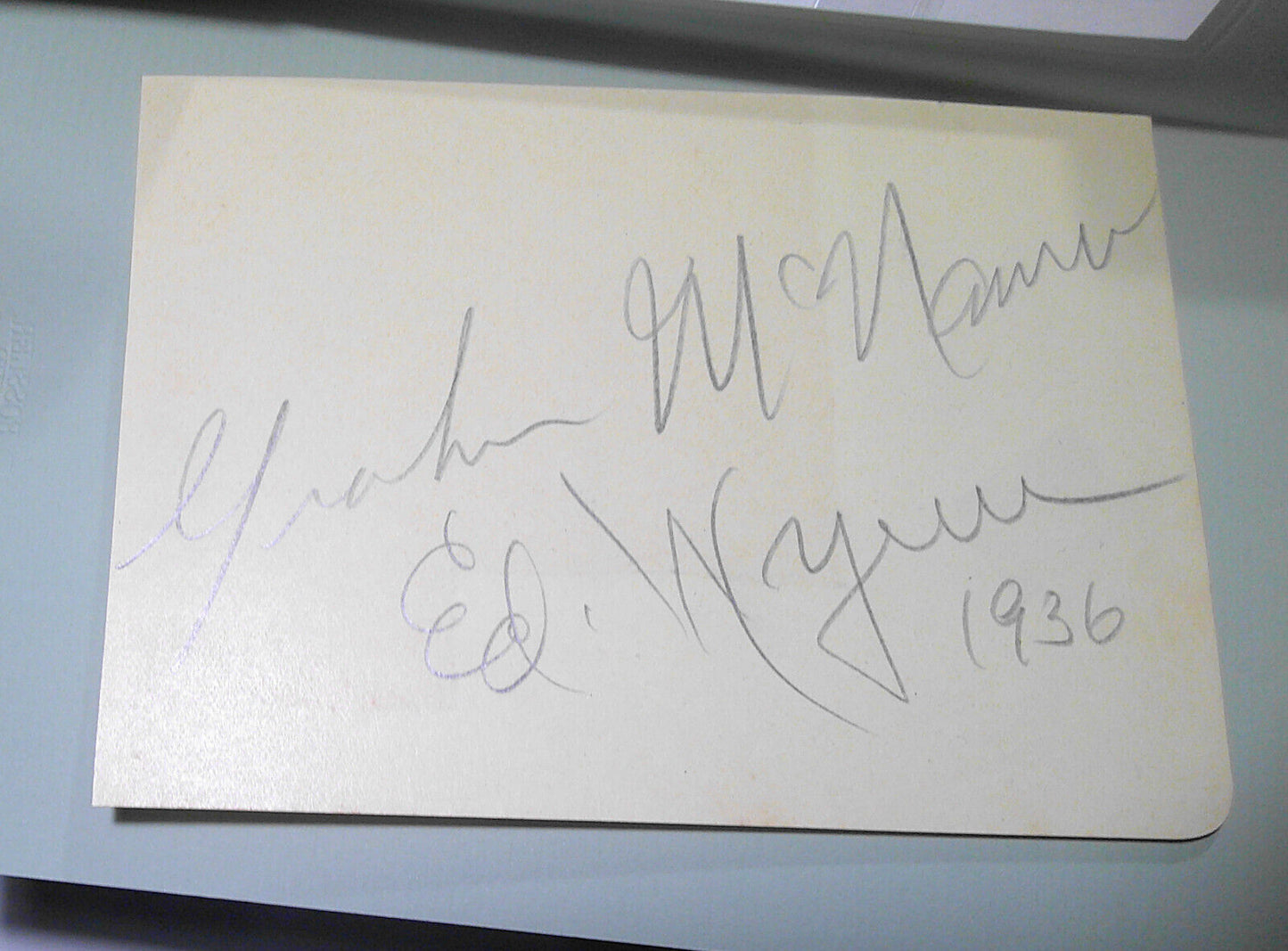 Graham McNamee & Ed Wynn SIGNED card, 1936 - original [Broadcasting pioneers]