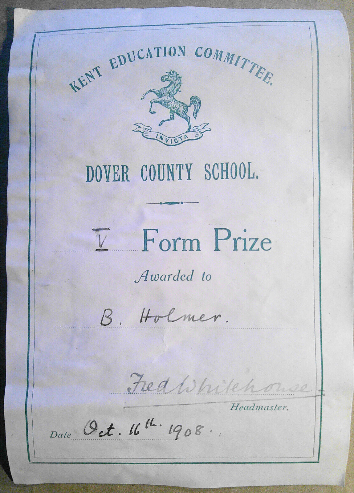 1908 Dover County School, Kent, Form Prize Ex Libris Bookplate