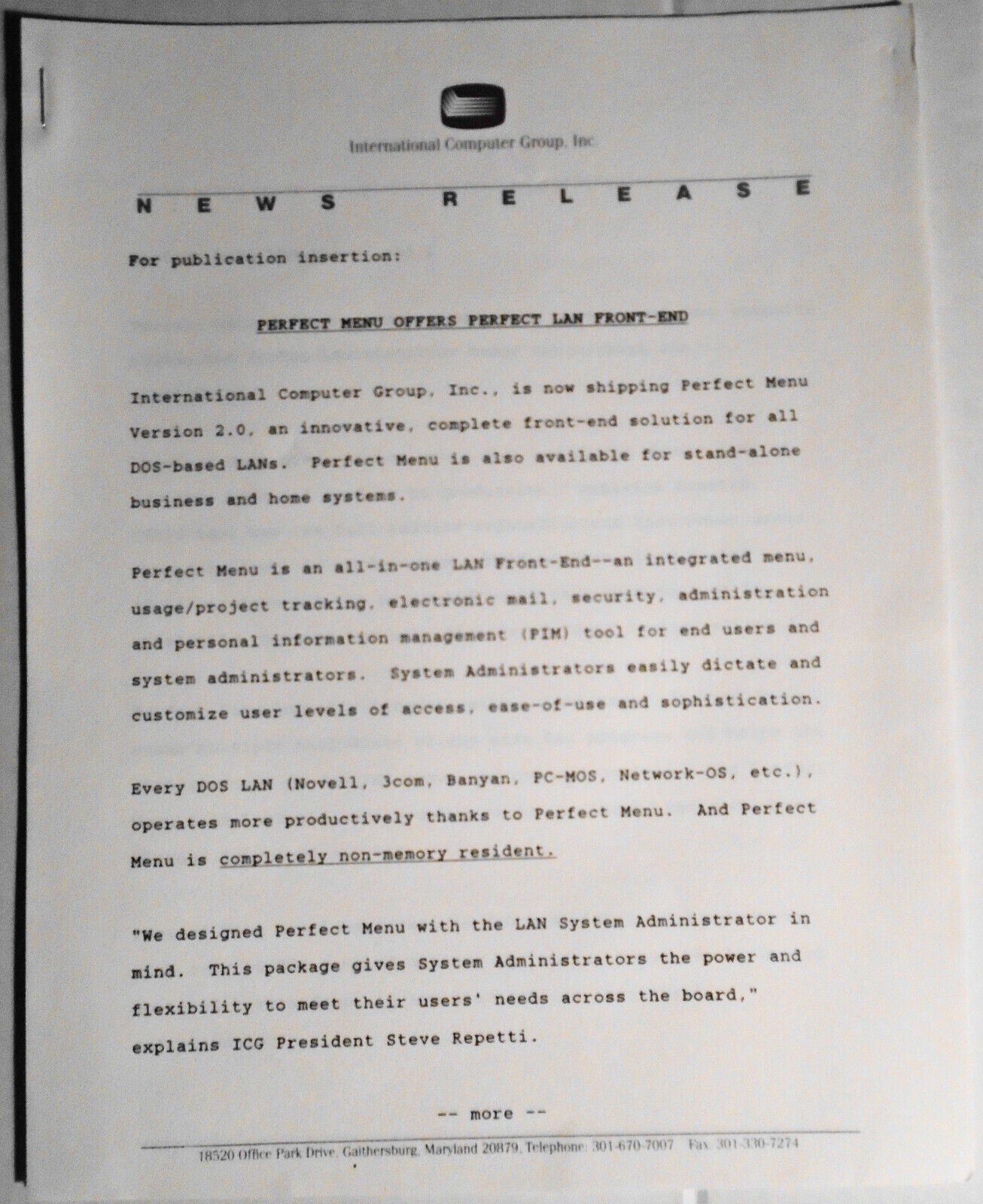 Perfect Menu - LAN Front-End Menu Program (with e-mail). IBM 5 1/4" Demo Program