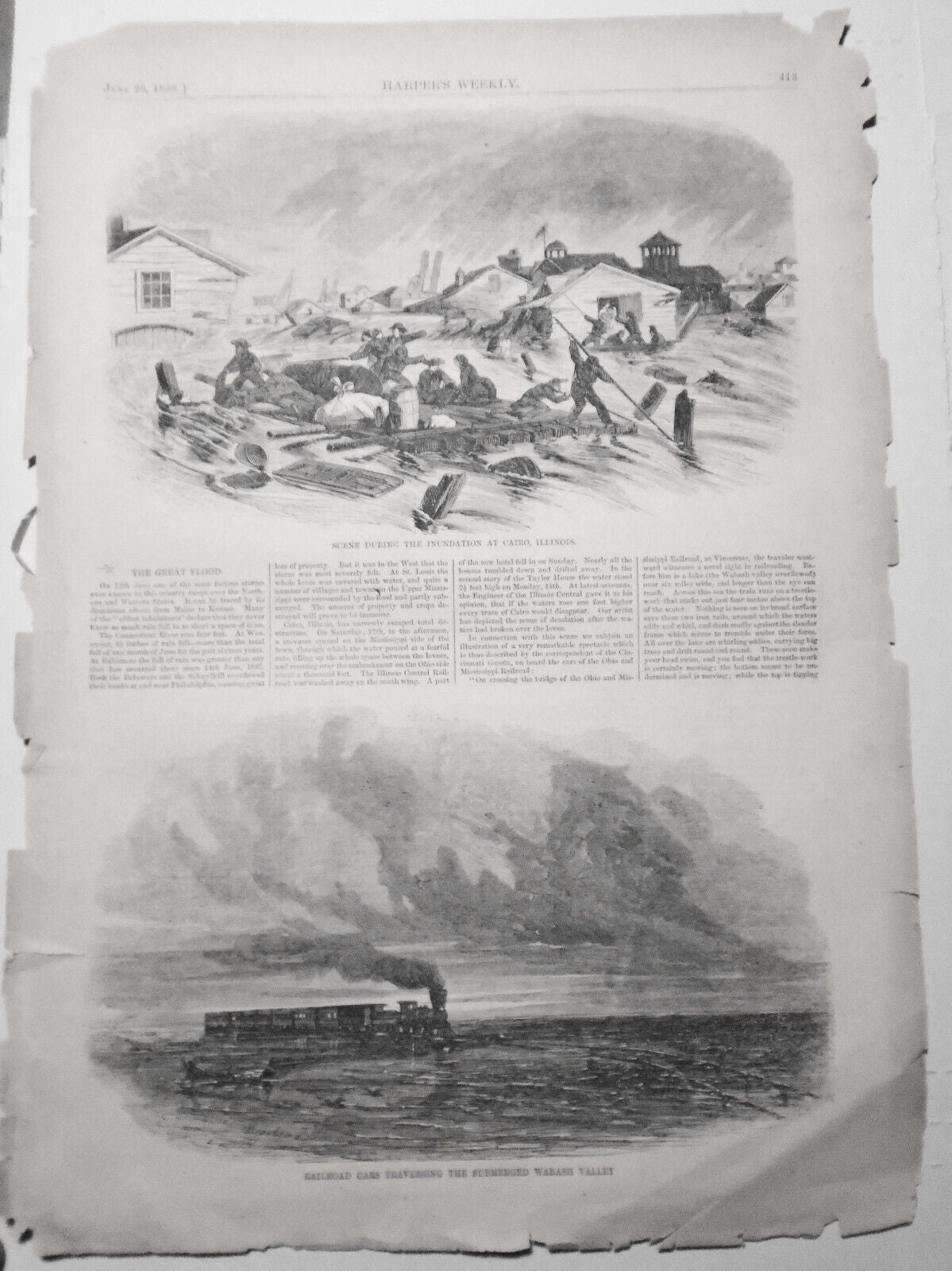 The Great Flood : Cairo, Illinois & Wabash Valley  Harper's Weekly June 26, 1858