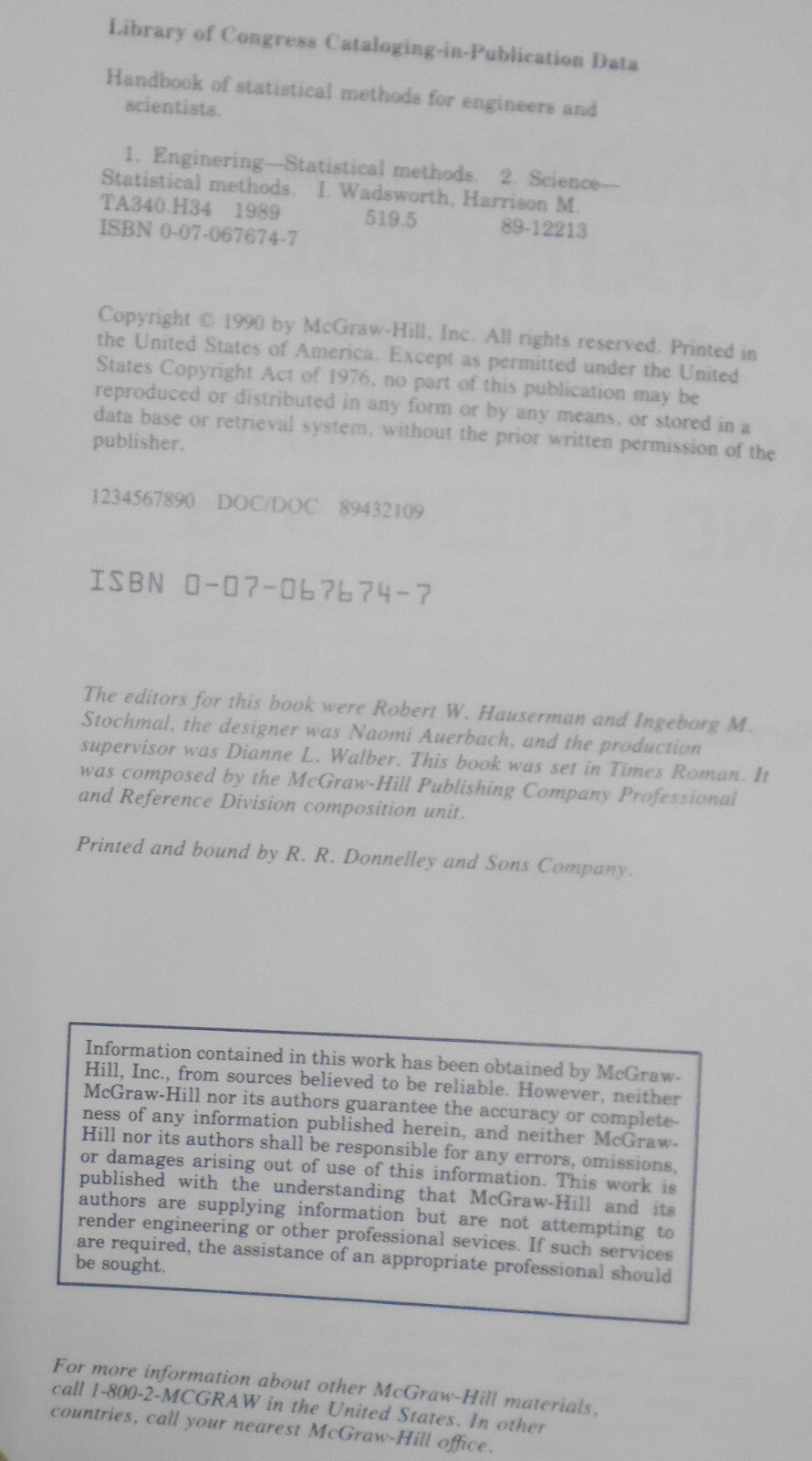 Handbook Of Statistical Methods For Engineers And Scientists, by Wadsworth, 1990