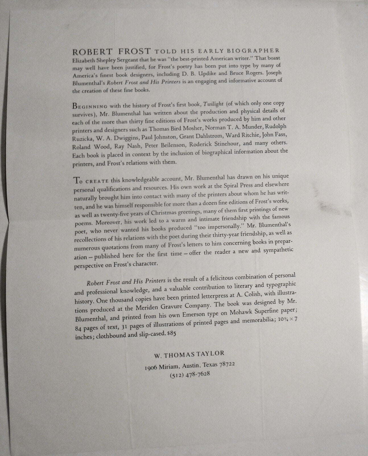 Publisher's Prospectus for Robert Frost And His Printers by Joseph Blumenthal