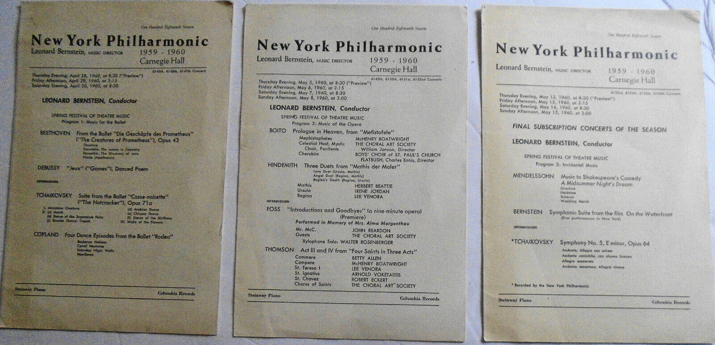 Leonard Bernstein, 3 Programs NY Philharmonic Carnegie Hall 1960 Spring Festival