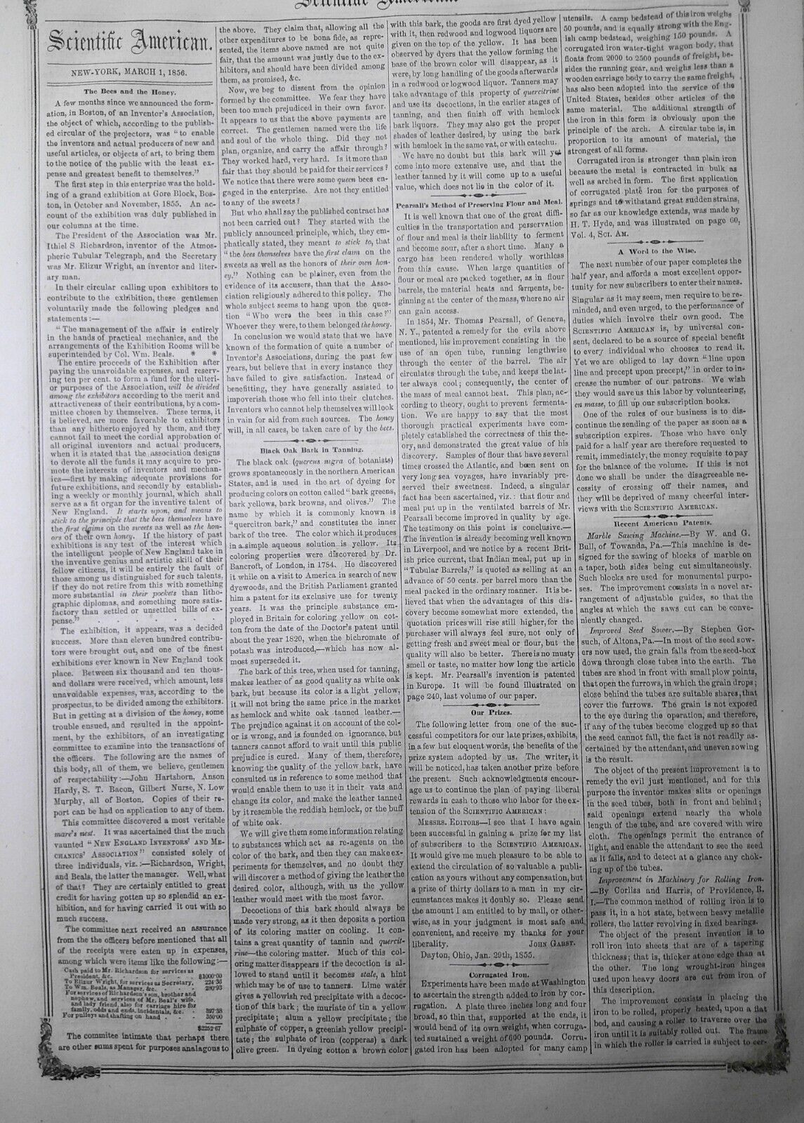 Scientific American, March 1, 1856. Bees and the honey; expelling rats, etc