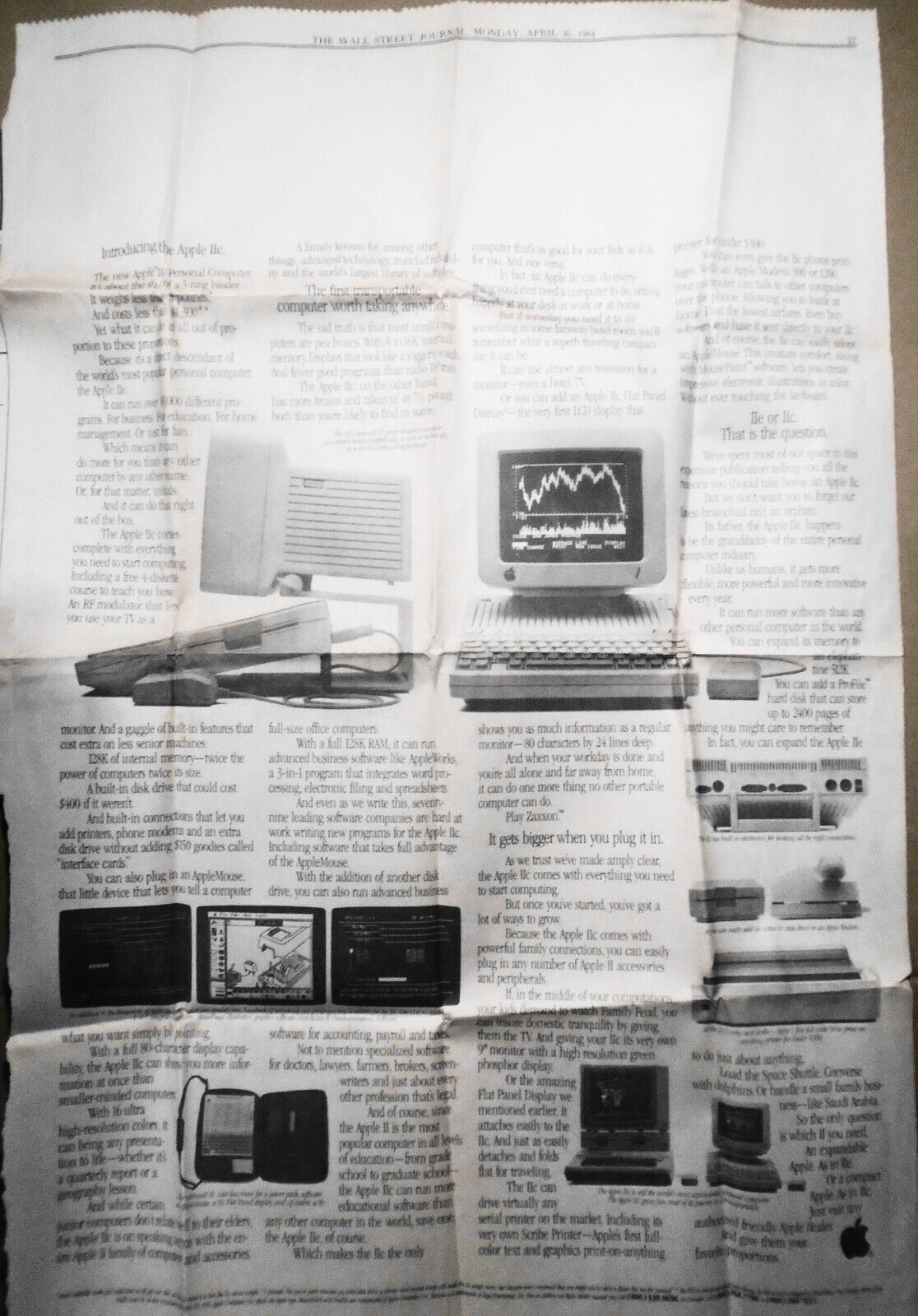 Apple announces the IIc computer; ad in The Wall Street Journal, April 30, 1984.