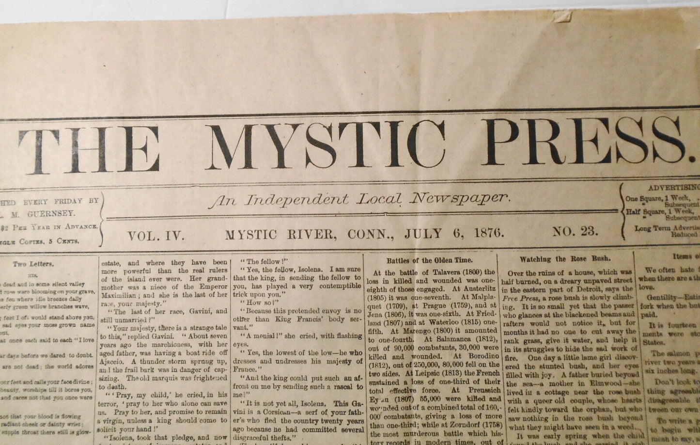 The Mystic Press, July 6, 1876. Stonington Connecticut newspaper (reprint)