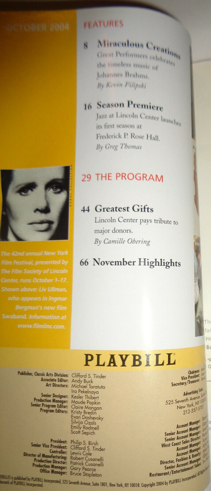 BRAHMS ON FILM: TOSCANINI AND KLEIBER - PLAYBILL - OCT 25, 2004 LINCOLN CENTER