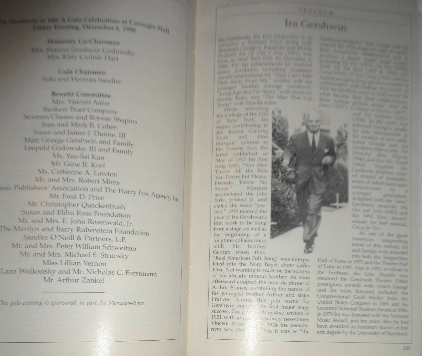 IRA GERSHWIN AT 100 - STAGEBILL & PROGRAM - DEC. 6, 1996 - CARNEGIE HALL