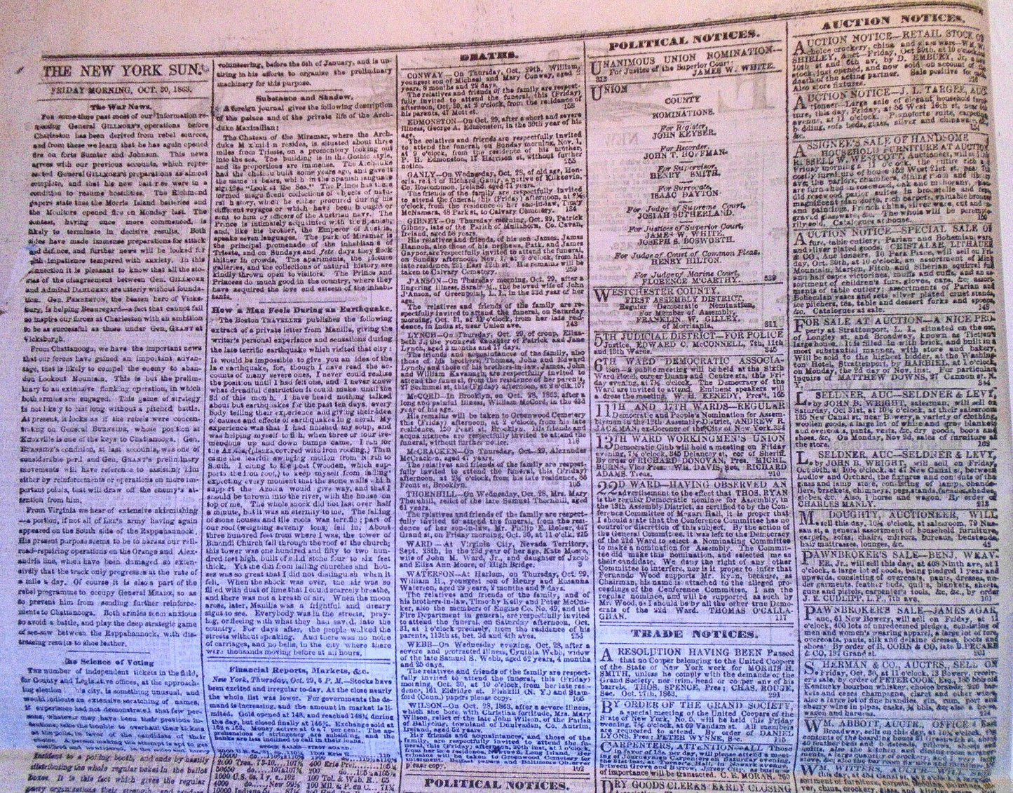 The New York Sun, October 30, 1863 - Civil War news from Tennessee, Virginia etc