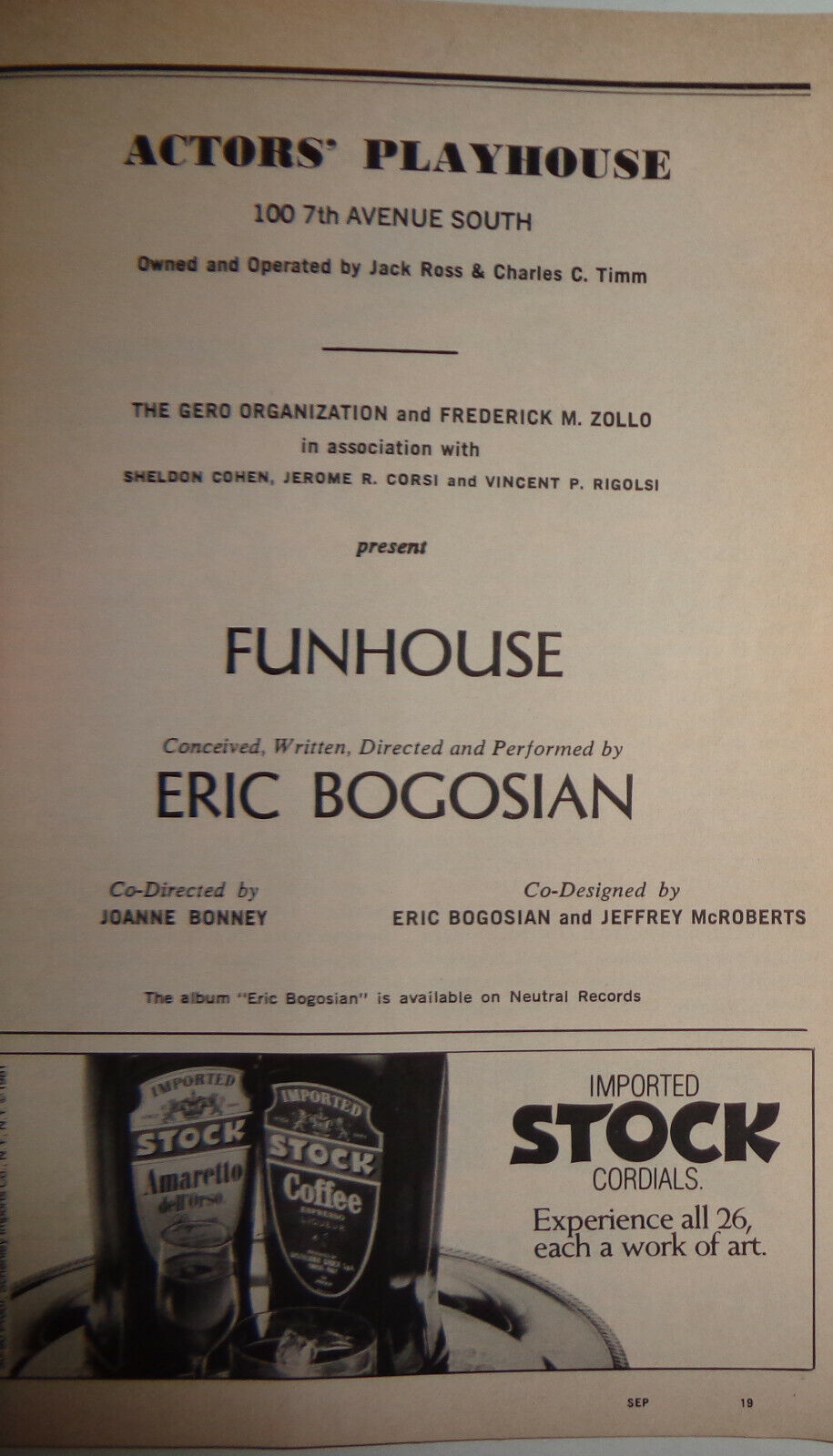 ERIC BOGOSIAN - FUNHOUSE - SHOWBILL - SEPTEMBER 1983