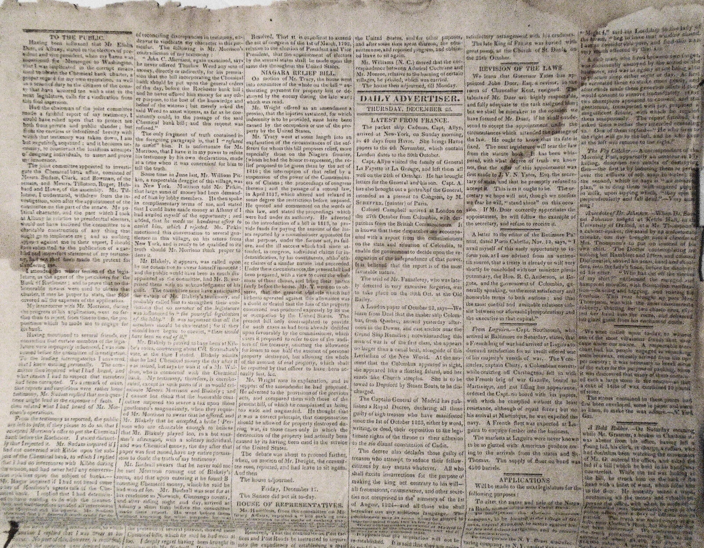 Albany Daily Advertiser, December 25, 1824 - Lafayette's family, "Female Othello