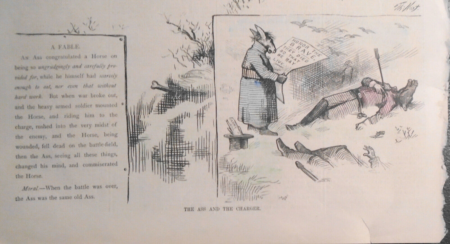 The Ass and the Charger, by Thomas Nast - Harper's Weekly 1879. Hand-colored.