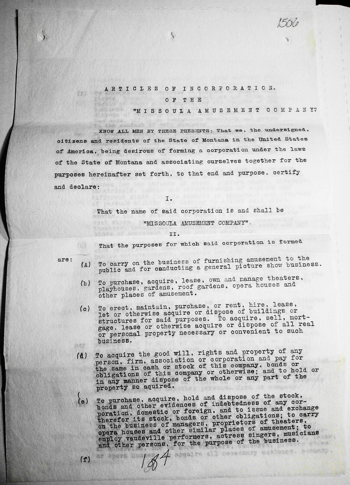 1913 "Missoula Amusement Company" Articles of Incorporation. Original documents.