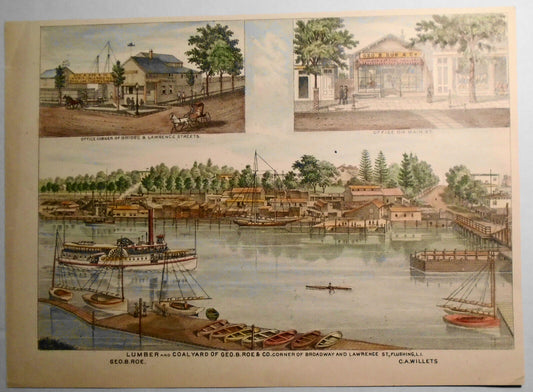 1882 Lumber and Coal Yard of Geo. B. Roe, Flushing New York - Willets Lithograph