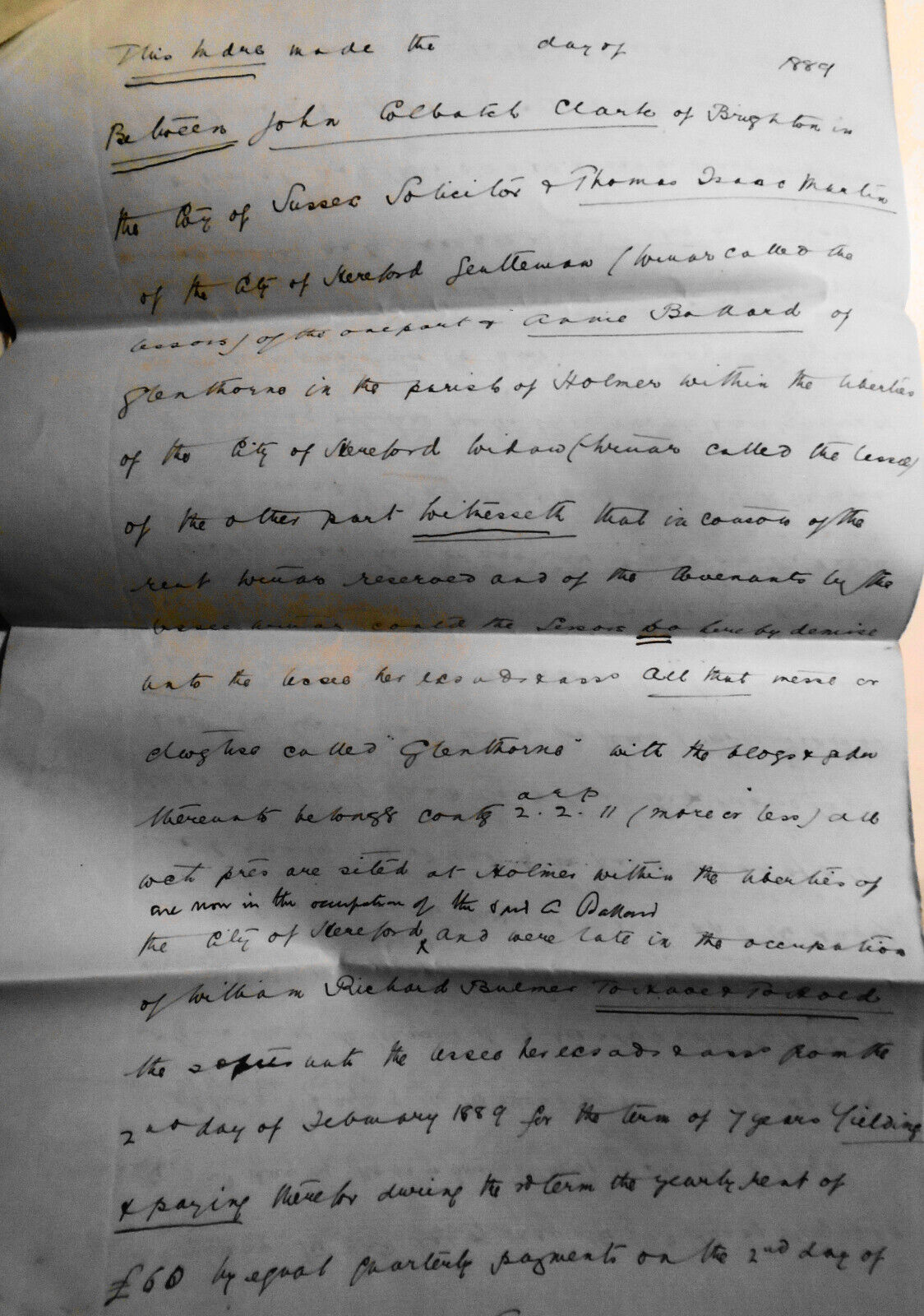 1889 Lease draft. Hereford, England. Clark and Martin to Mrs. Annie Ballard.
