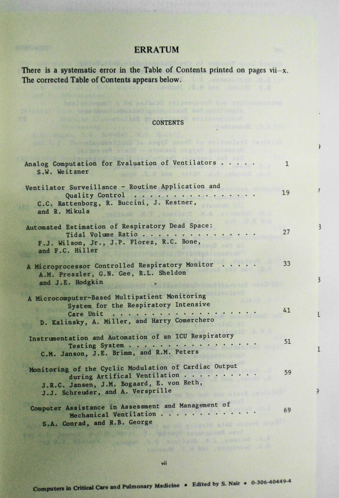 Computers in critical care and pulmonary medicine, by Sreedhar Nair. 1st ed 1980