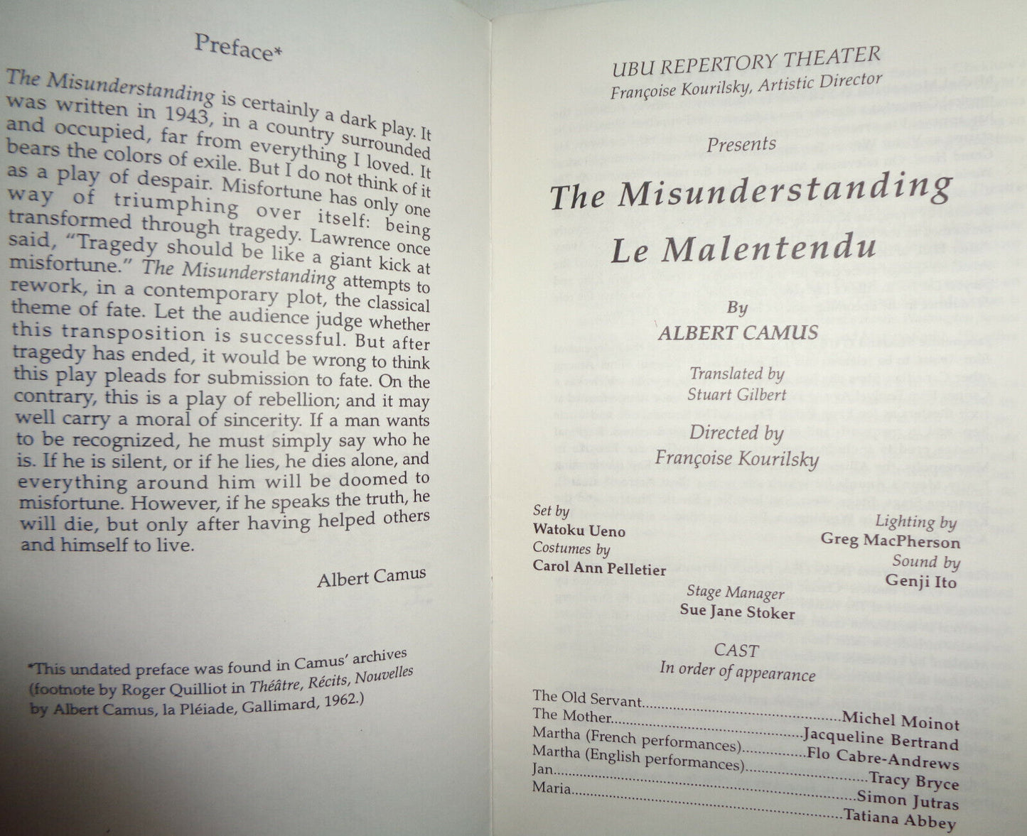 THE MISUNDERSTANDING / LE MALENTENDU BY CAMUS  - PROGRAM - UBU REPERTORY THEATER