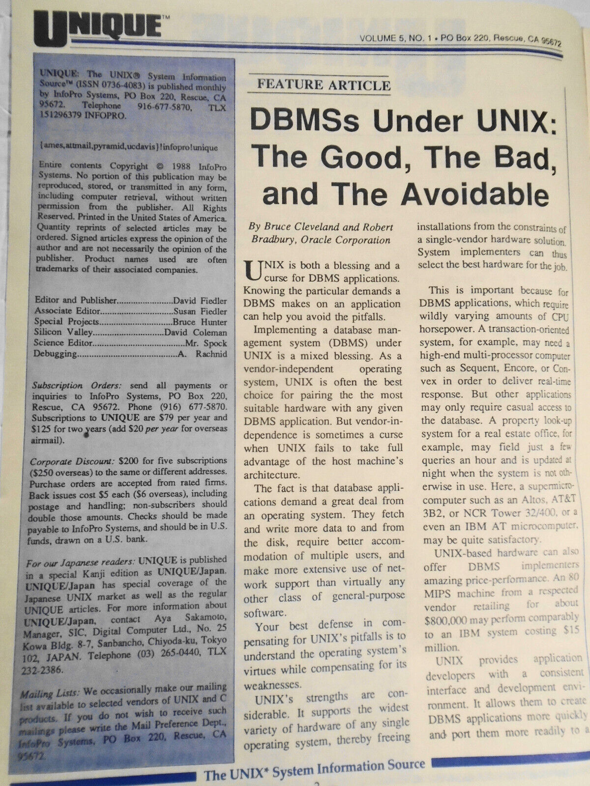 UNIQUE: The UNIX System Information Source  Dec. 1987 - DBMSs Under UNIX, etc.