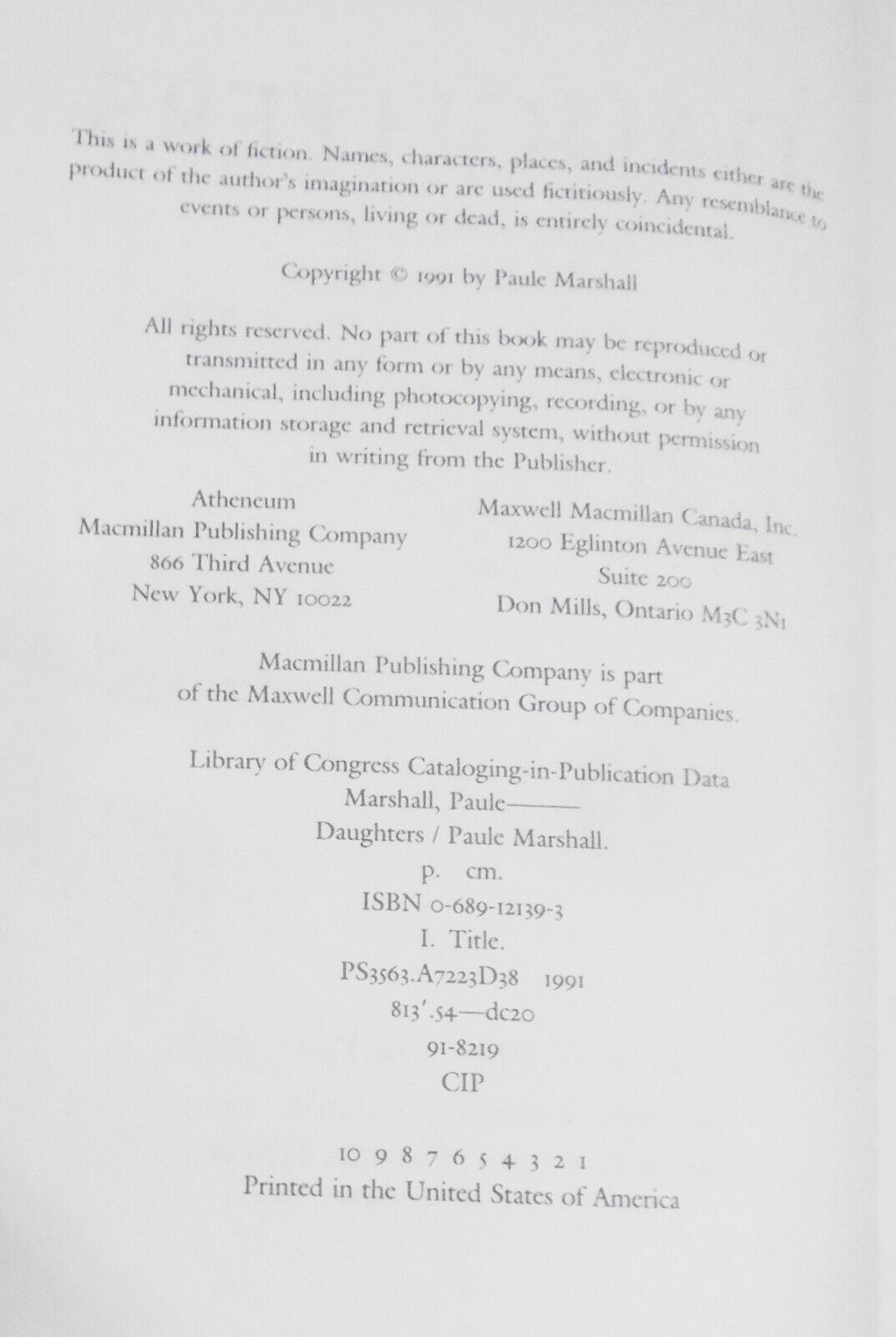 [Caribbean American] Paule Marshall, DAUGHTERS. Signed First edition, 1991. HC
