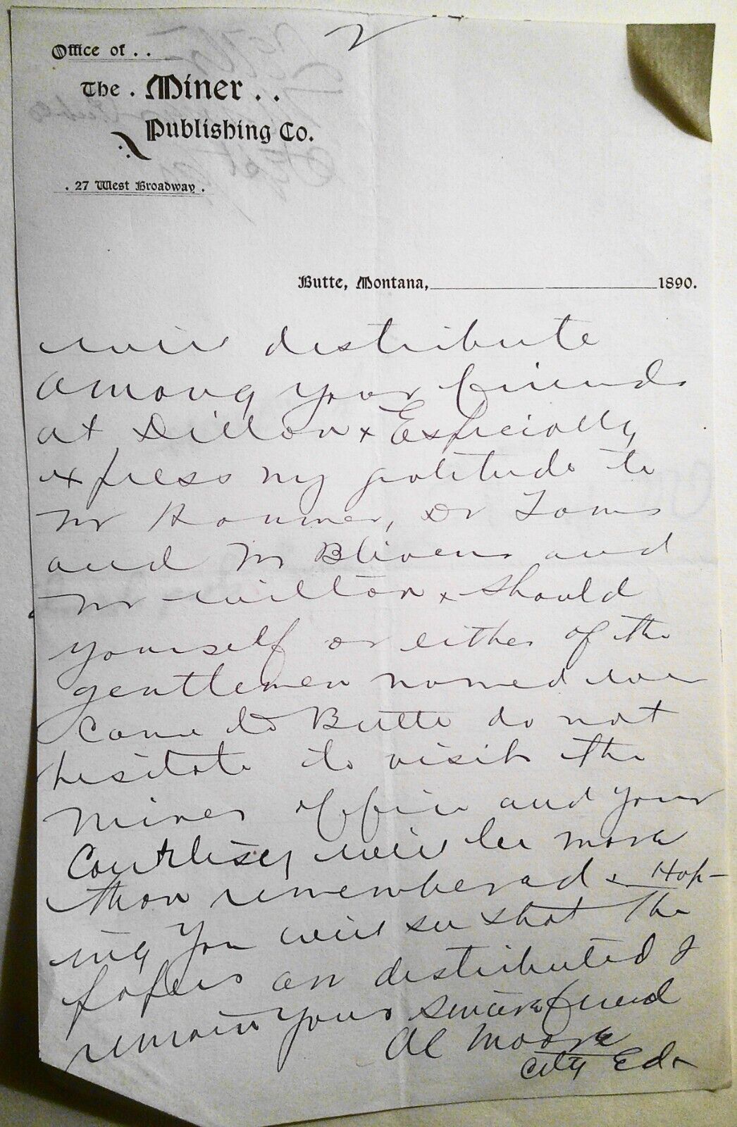 1890 Miner Publishing Co., Butte, MT - Letter by Al Moore, City Editor