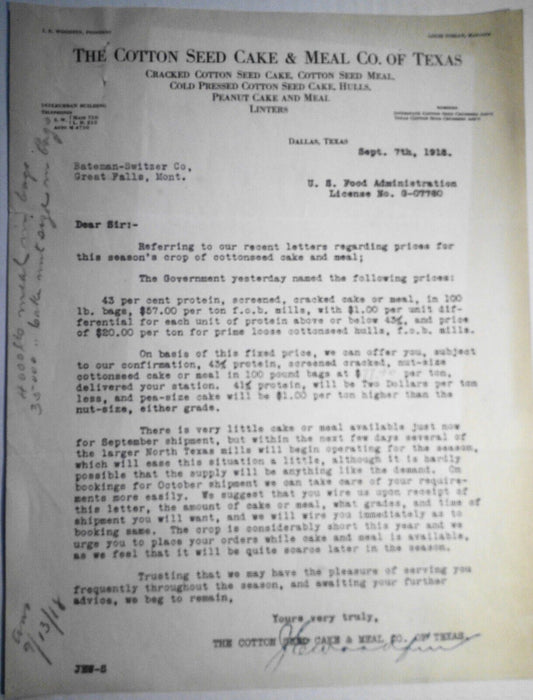 1918 Cotton Seed Cake & Meal Co of Texas, Dallas, TX - Price Quotation letter