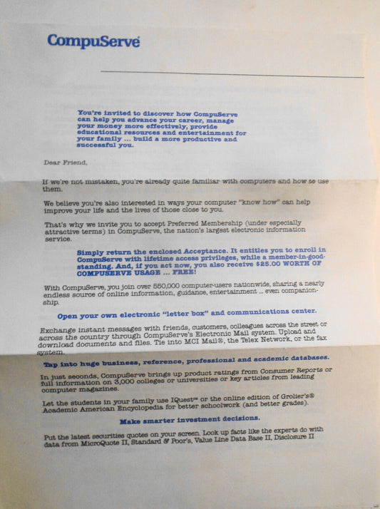 Compuserve Membership invitation letter [1988]