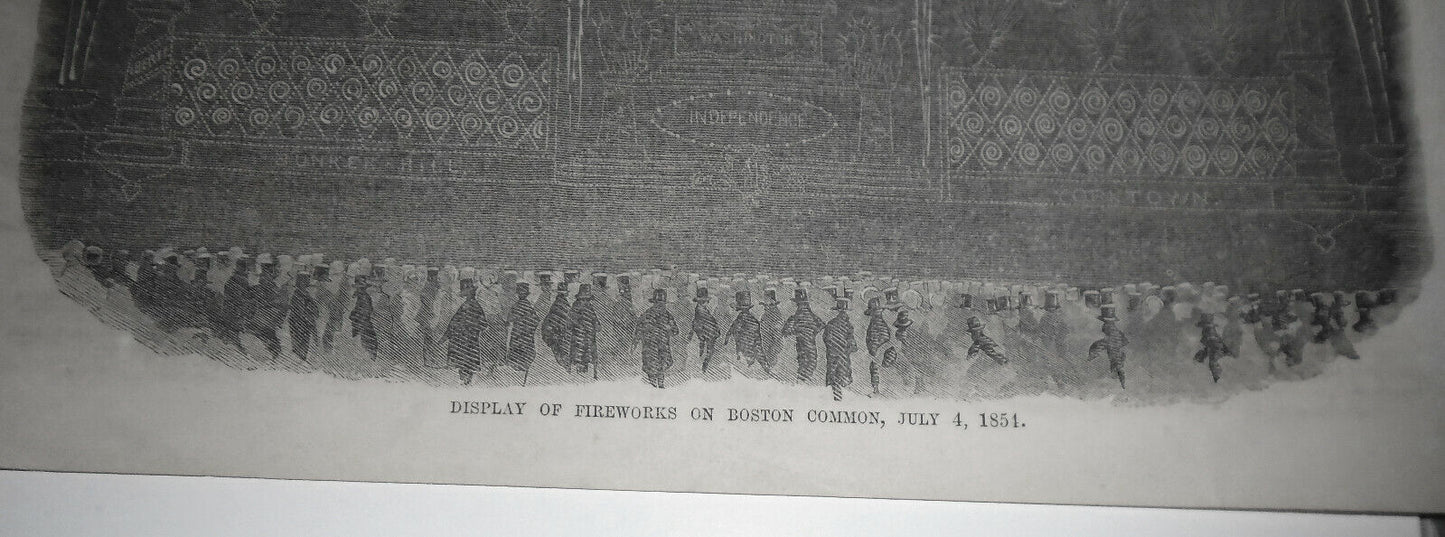 Fireworks on Boston Common July 4 1854 - Story & 4 Prints.  Gleason's Pictorial