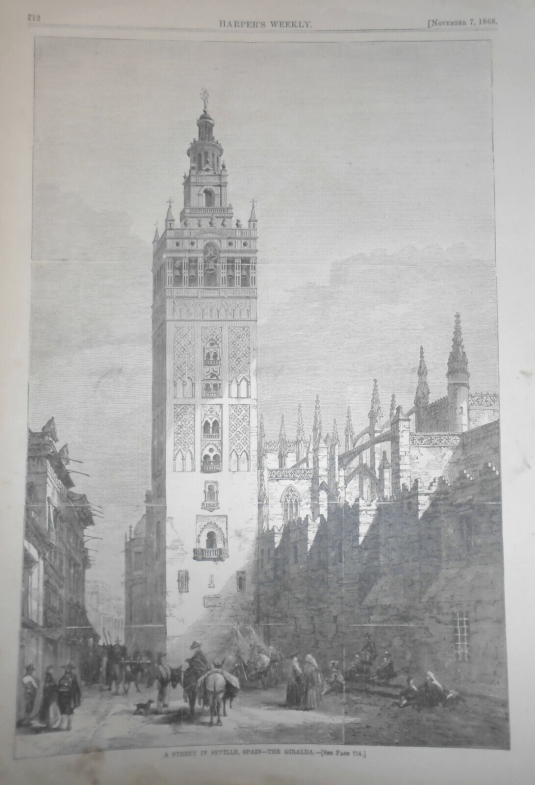 A Street In Seville, Spain -- the Giralda. Harper's Weekly - November 7, 1868