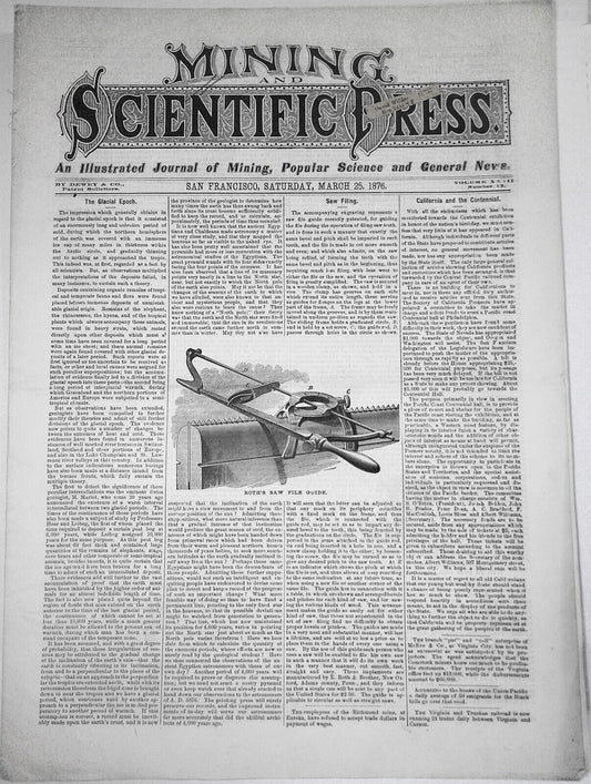 Mining and Scientific Press, March 25, 1876. Glacial Epoch; Aluminum Uses; etc